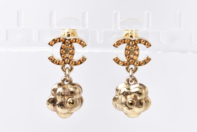 Chanel Earrings Logo CC Coco Mark Camellia Gold Orange