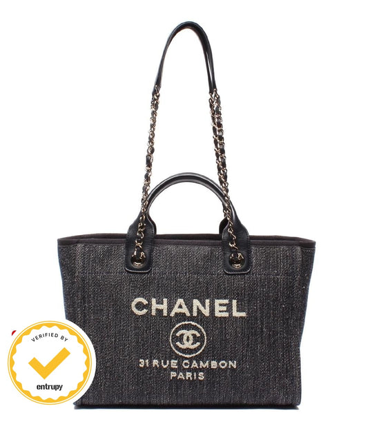 Chanel Chain Shoulder Bag Denim Gold Deauville MM