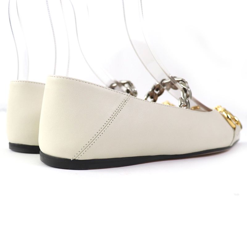 Gucci 621161 Leather Horsebit Pointed Toe Flat Pumps With Chain Ivory Gold And