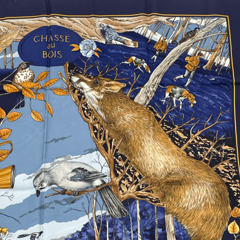 Hermes Carre 90 Chasse Au BOIS Hunting In The Woods Blue Scarf 100% Silk