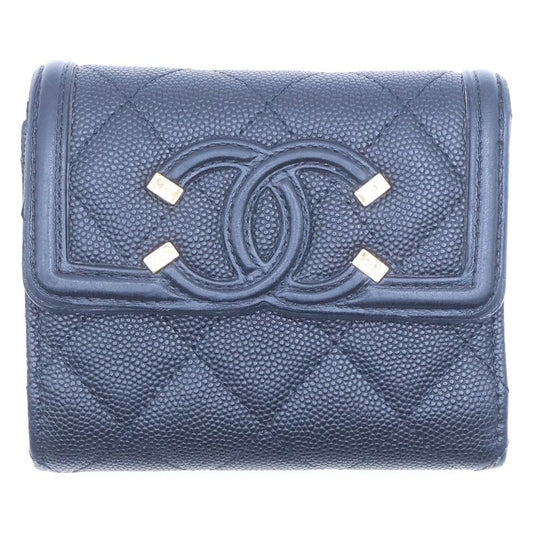 Chanel Caviar Leather CC Logo Filigree Compact Wallet Trifold Black