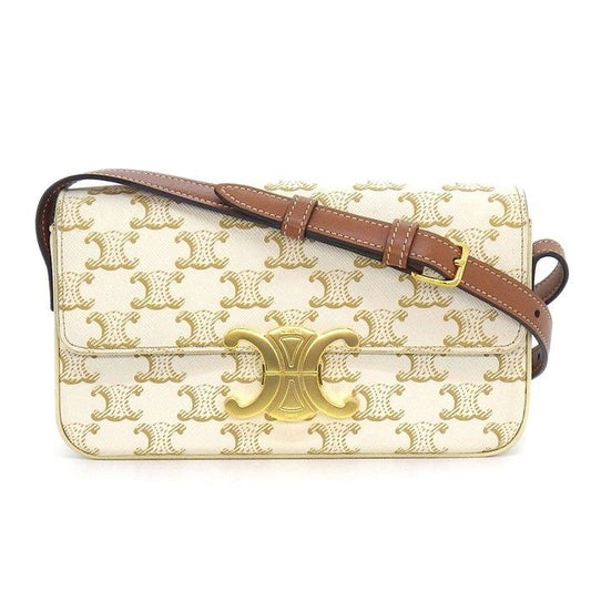 Celine Shoulder Bag Claude White Triomphe Canvas Calfskin Gold
