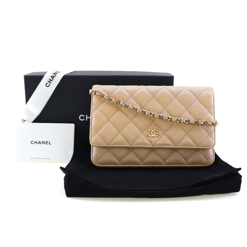 Chanel Classic Chain Wallet Matelasse Long Wallet In Calf And Caviar Skin Beige