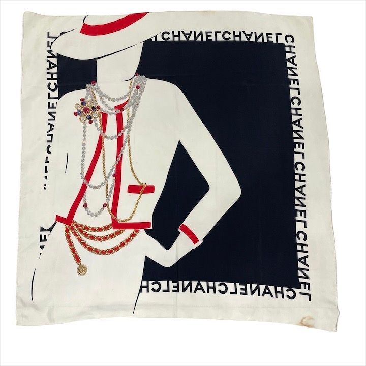 Chanel Vintage Large Scarf Mademoiselle Silk 100% Beige