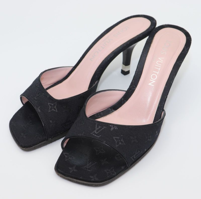 Louis Vuitton Monogram Satin Mule Sandals Women's 37 Ma1020 Black Made In Italy