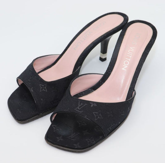 Louis Vuitton Monogram Satin Mule Sandals Women's 37 Ma1020 Black Made In Italy