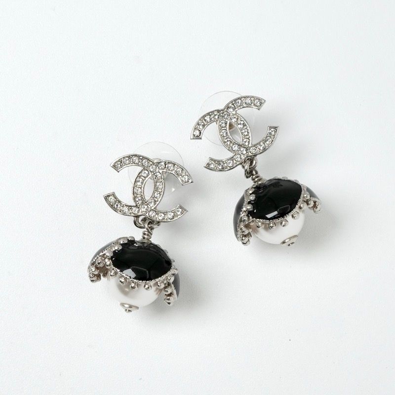 Chanel Earrings Earring Silver Black Coco Mark Rhinestone Flower