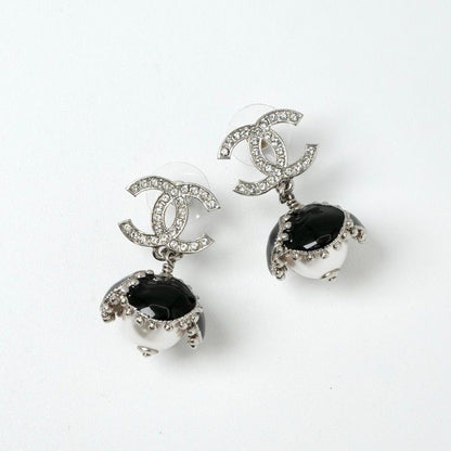 Chanel Earrings Earring Silver Black Coco Mark Rhinestone Flower