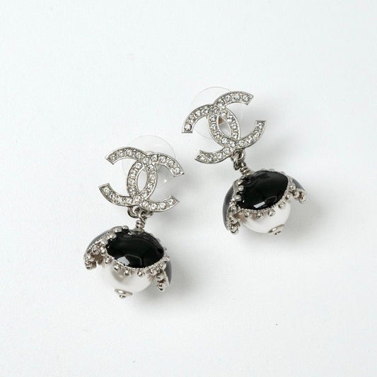 Chanel Earrings Earring Silver Black Coco Mark Rhinestone Flower