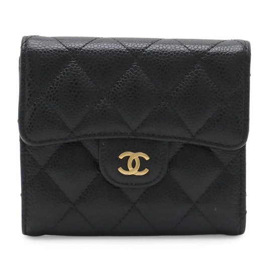 Chanel Quilted CC Logo Classic Small Flap Wallet Trifold Caviar Leather Black