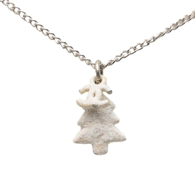 Chanel CC Logo Christmas Tree Motif Necklace Silver White Metal