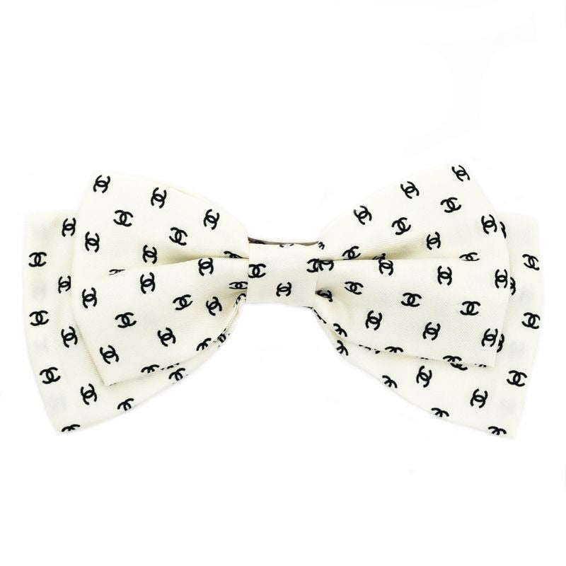 Chanel Barrette Aaa821 Ribbon White Logo COCO Silver Hardware Hair
