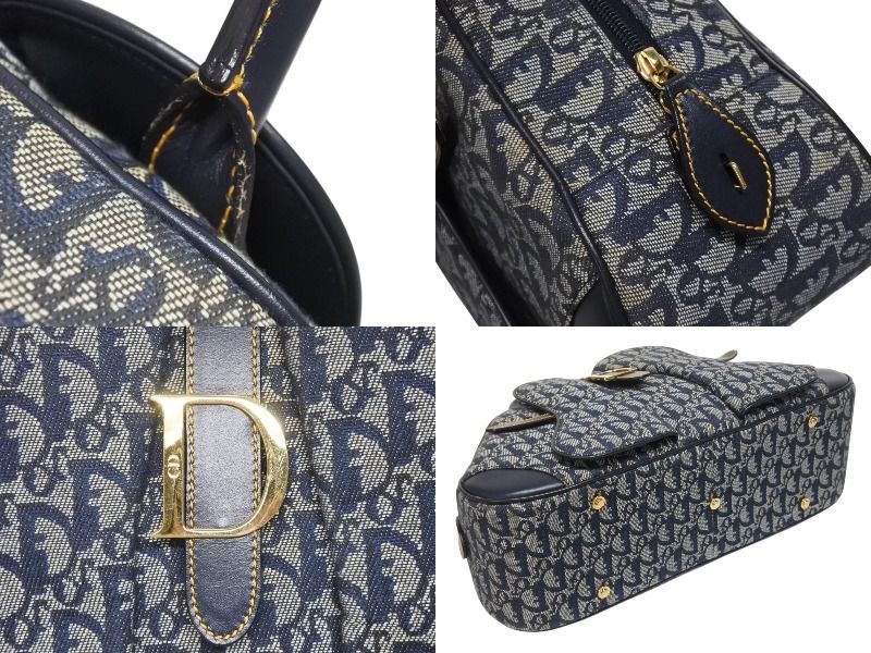 Dior Double Saddle Bag Trotter Canvas Leather Navy Gold — view 6