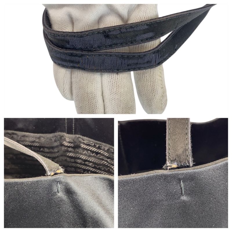 Prada Triangle Logo Plate Black Silver Hardware Satin Tote Bag Women 505390