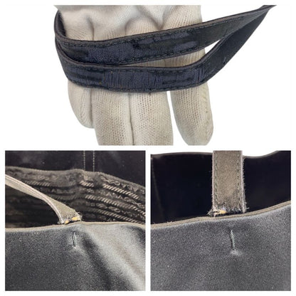 Prada Triangle Logo Plate Black Silver Hardware Satin Tote Bag Women 505390