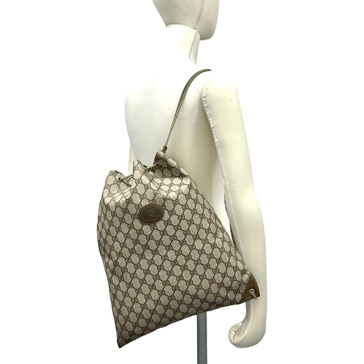 Gucci Vintage GG Logo Leather Drawstring Shoulder Bag Brown — view 2