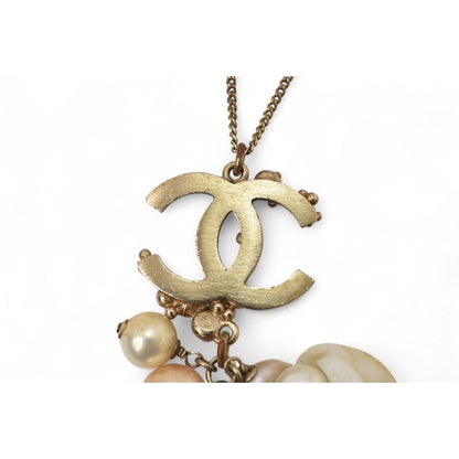 Chanel Long Necklace Pendant Chnael Coco CC Pearl Shell Motif Antique Gold Rose — view 5