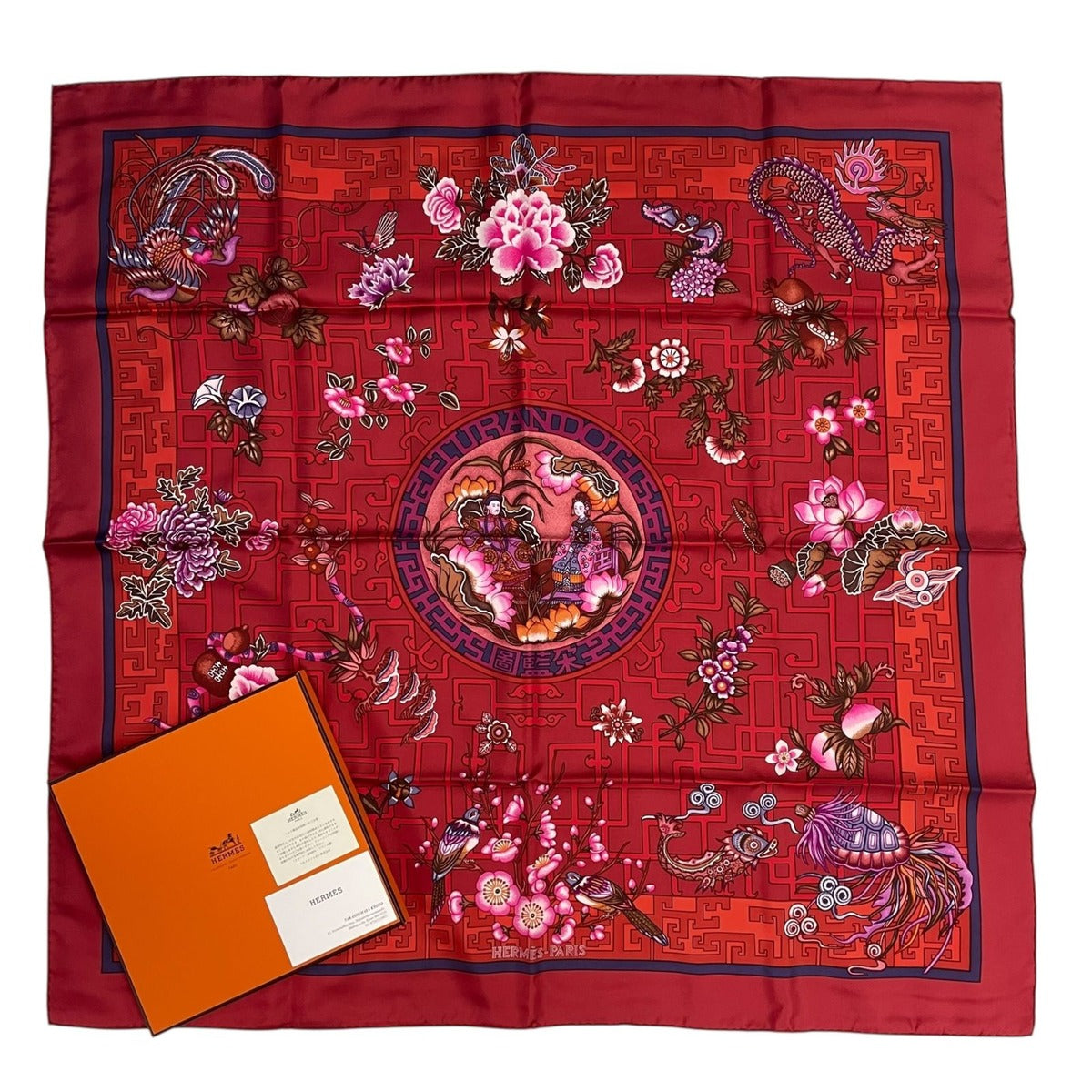 Hermes Carre 90 100% Silk Scarf Turandot Red Box