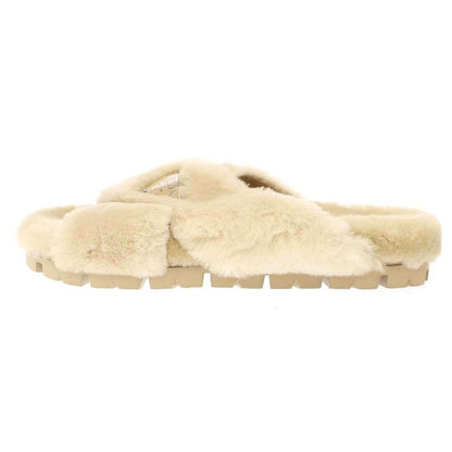 Prada Logo Plate Sheepskin Fur Sandals Beige 36