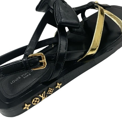 Louis Vuitton Peplum Line Sandals Shoes Leather Black Gold Black Ribbon Flat