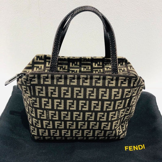 Fendi Mini Handbag 8bn105 Zucca Pattern Pouch Brown Canvas Xleather Ladies