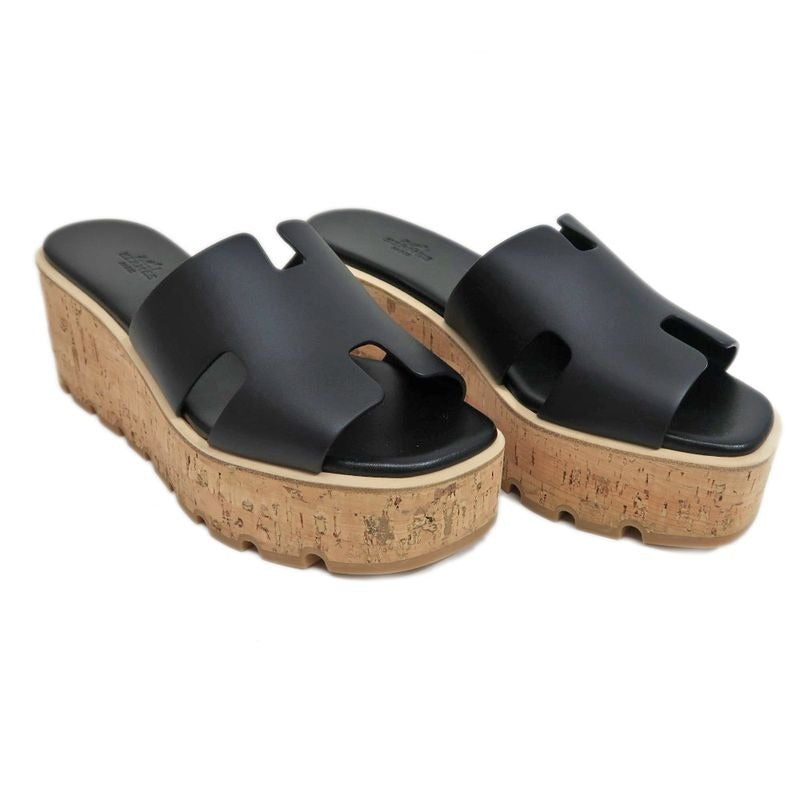Hermes Eze Sandals Size 39 Leather Black Cork Thick Sole — view 2