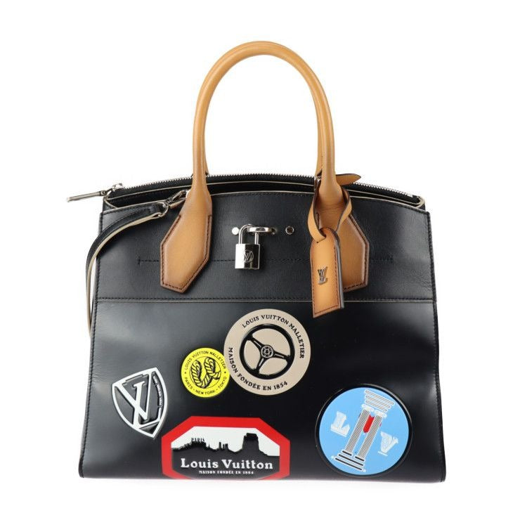 Louis Vuitton City Steamer MM Handbag Leather Black Multicolor Silver