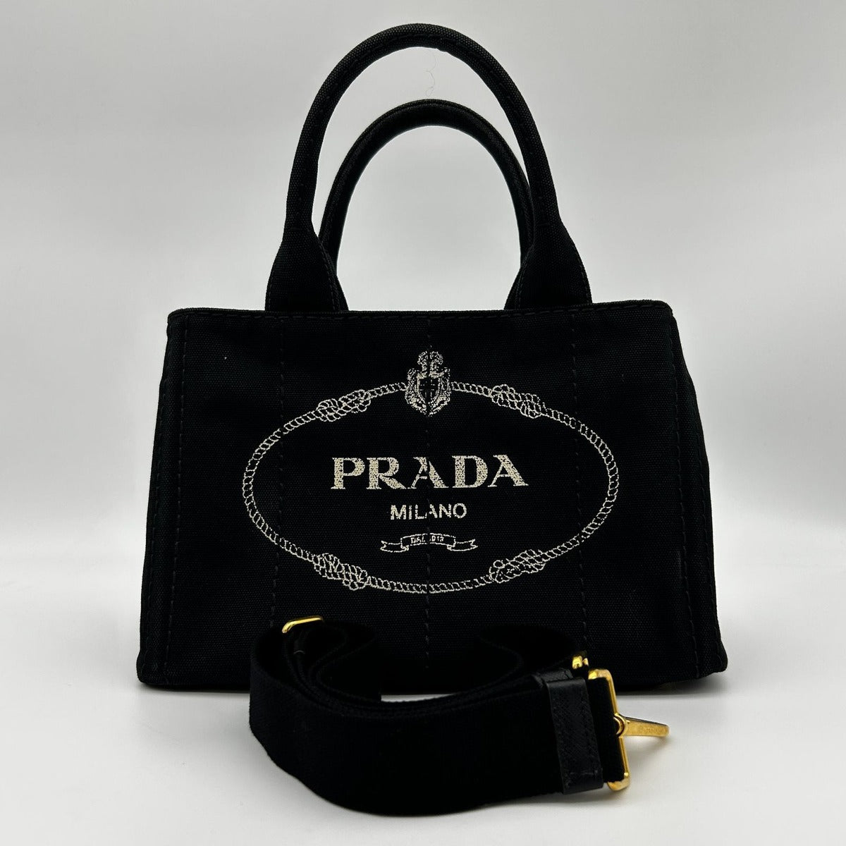 Prada 2-Way Canvas Tote Black Canapa PM Nero Tarco