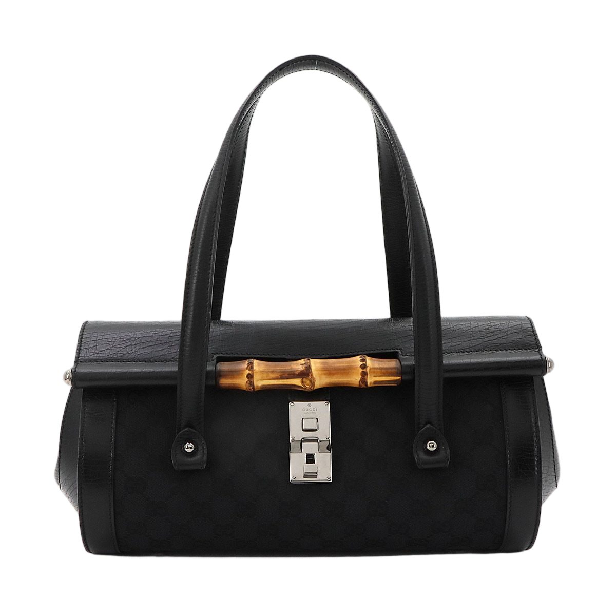 Gucci Banboo Hand Bag GG Canvas Leather Black Silver