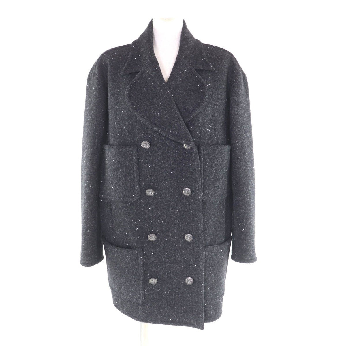Chanel Lining Silk Rhinestone CC Logo Button Double Breasted Coat Black 36