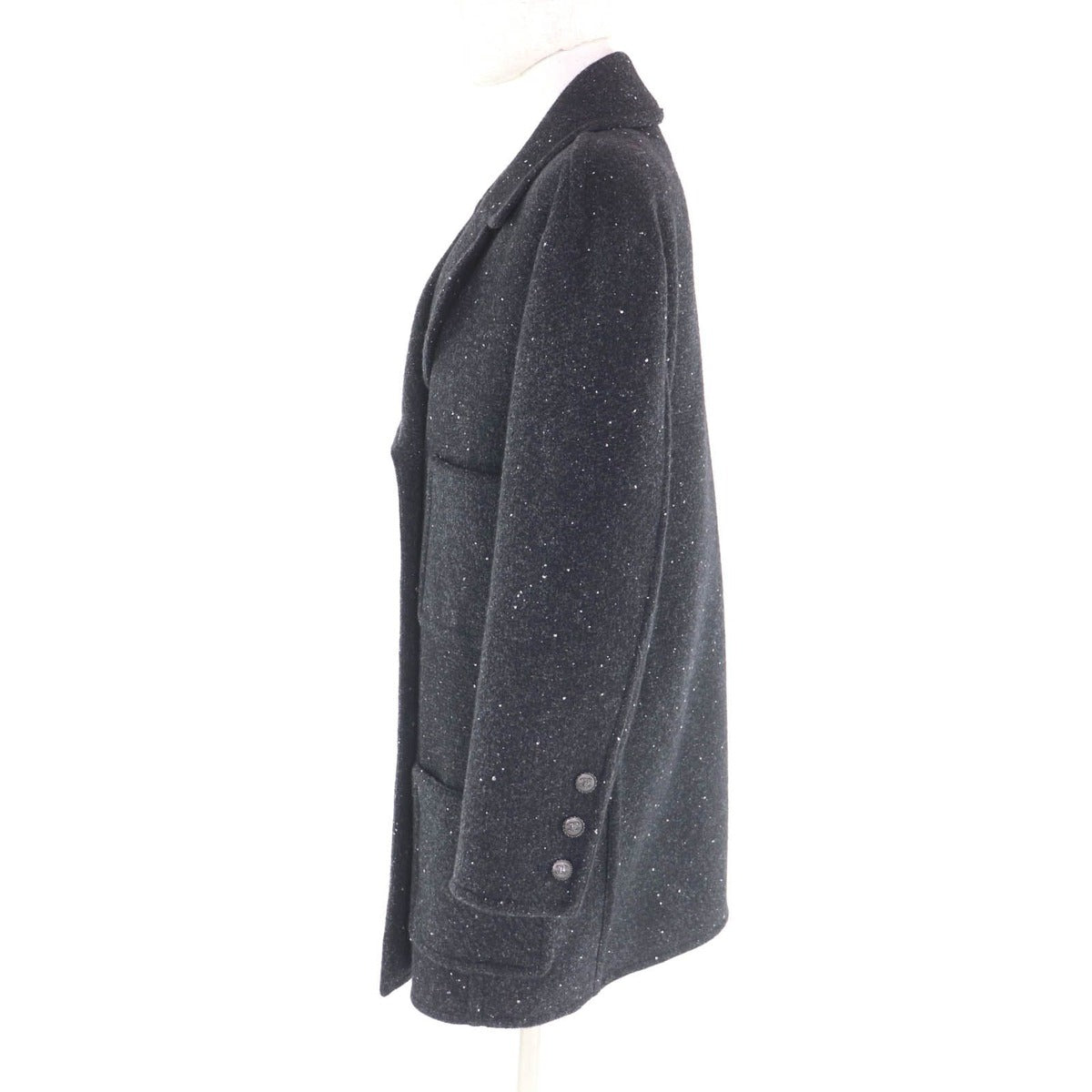 Chanel Lining Silk Rhinestone CC Logo Button Double Breasted Coat Black 36 — view 2
