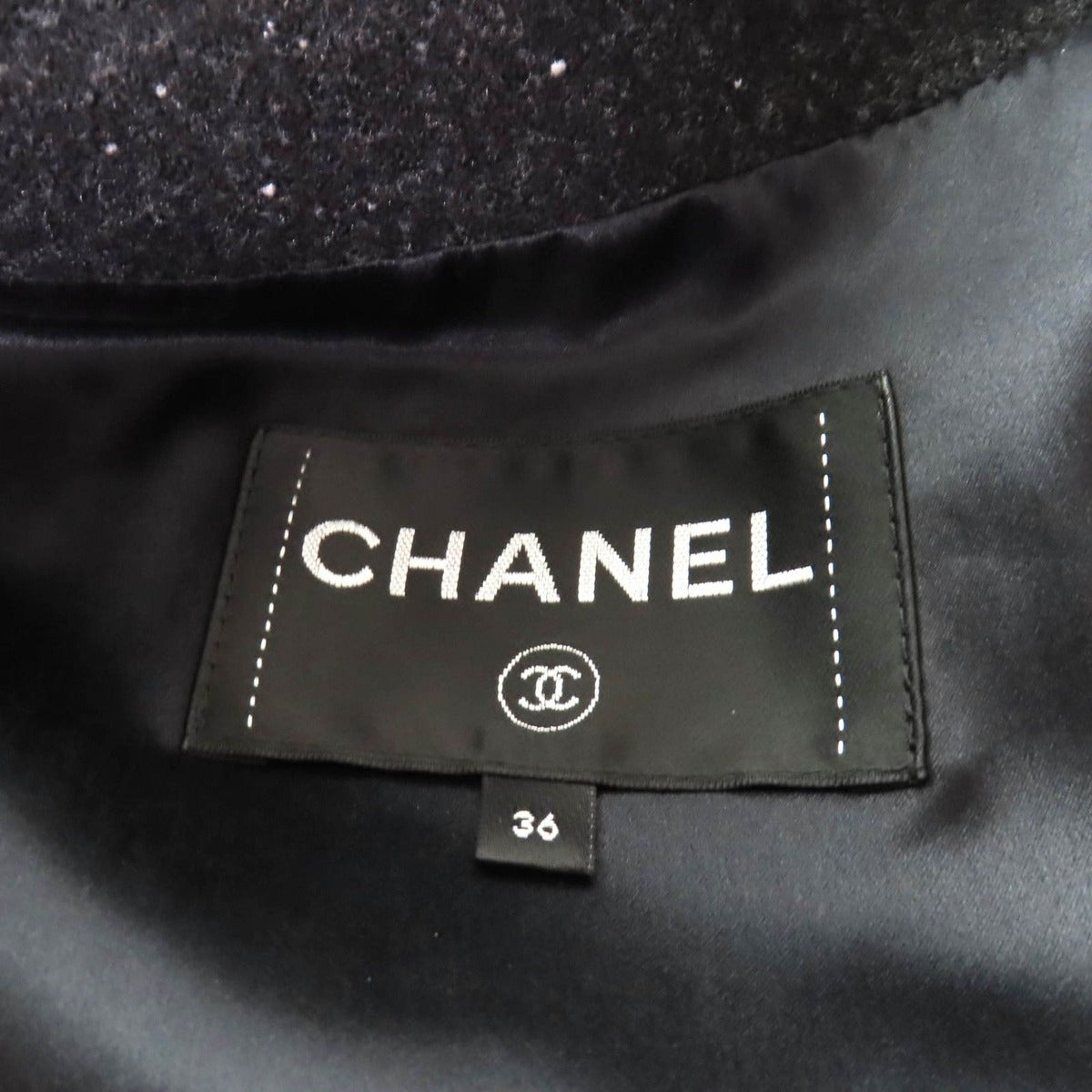 Chanel Lining Silk Rhinestone CC Logo Button Double Breasted Coat Black 36 — view 7
