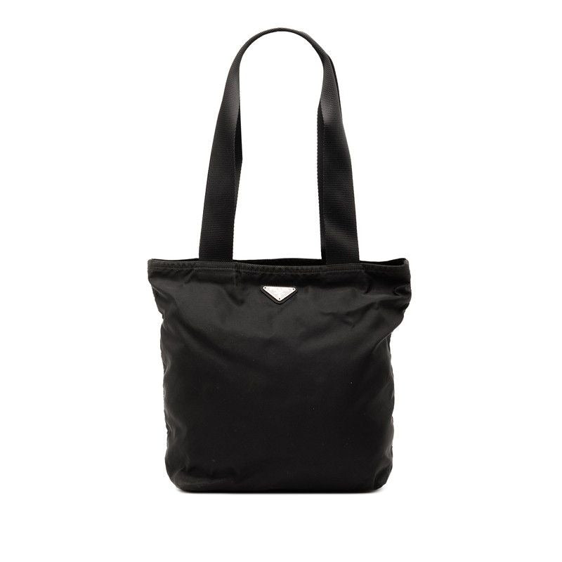 Prada Triangle Logo Plate Tote Handbag Black Nylon