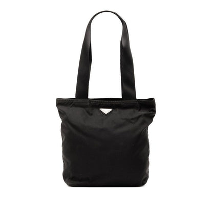 Prada Triangle Logo Plate Tote Handbag Black Nylon