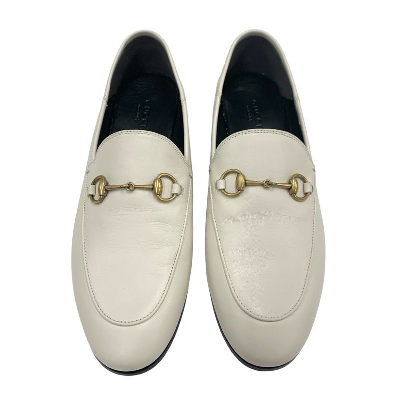 Gucci Loafer Leather Shoes Leather Ivory Gold Flat Shoes Horsebit