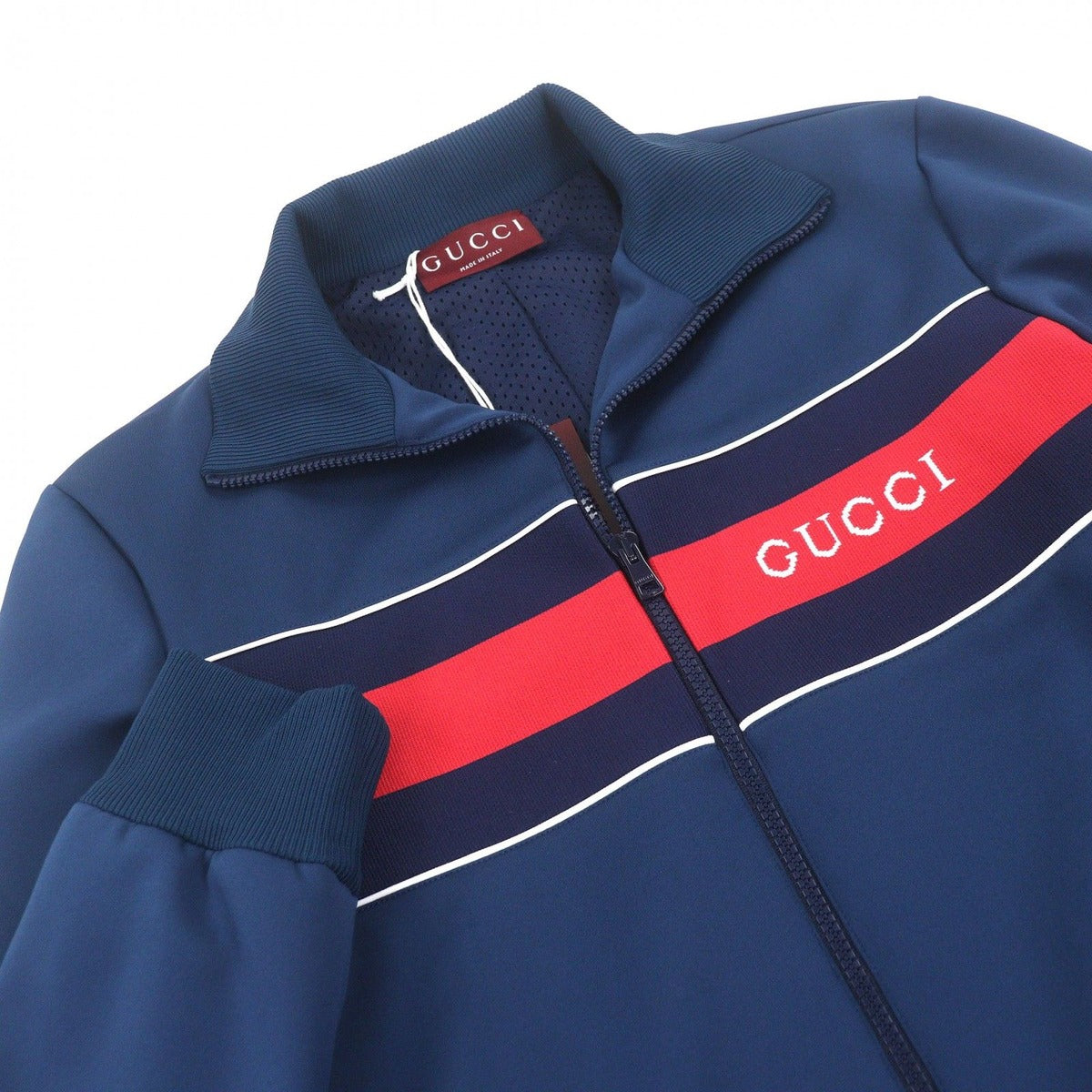 Gucci Neoprene Logo Web Stripe Zip Up Track Jacket Navy Hat — view 2