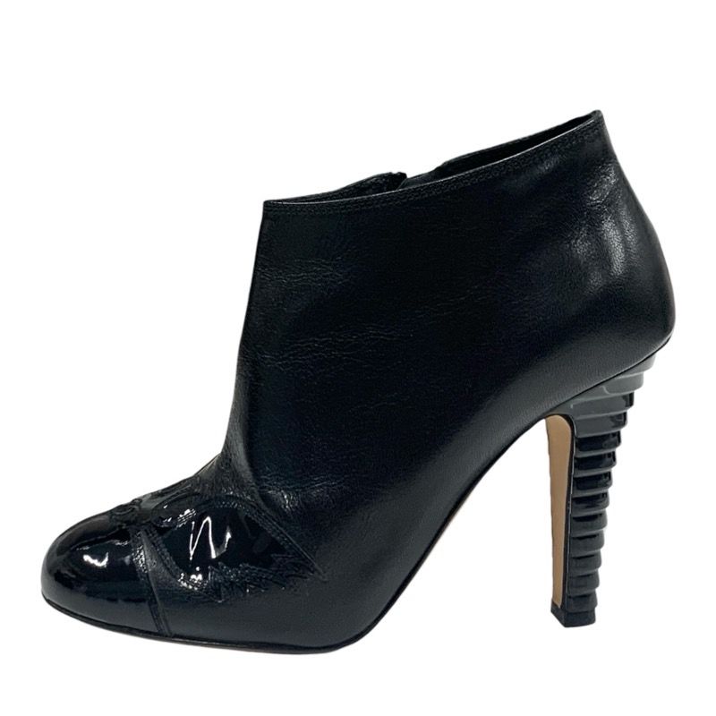 Chanel Boots Short Boots Shoes Leather Patent Black Here Mark Booties