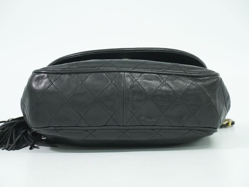 Authentic Chanel Coco Mark Matelasse Tassel Chain Shoulder Bag Leather Black