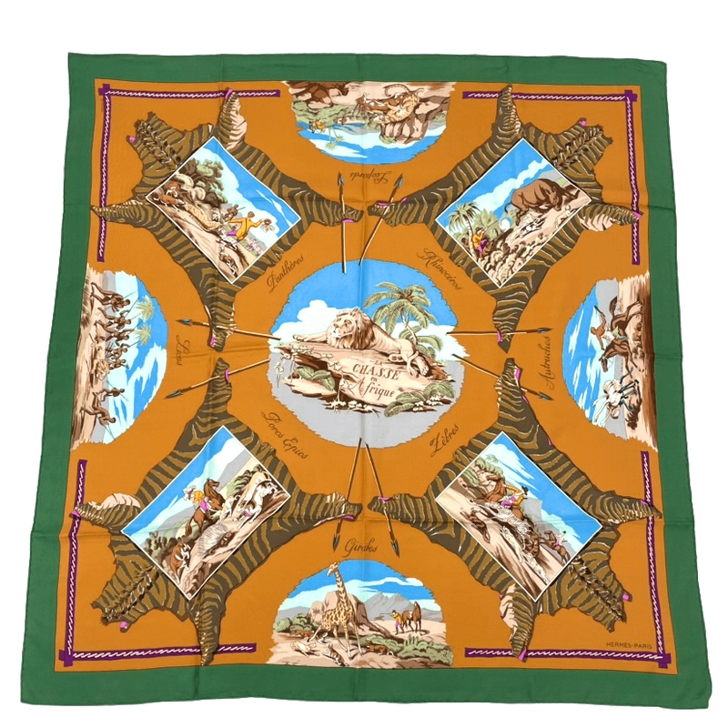 Hermes Carre 90 Scarf Silk LA Chasse En Afrique African Hunt Green
