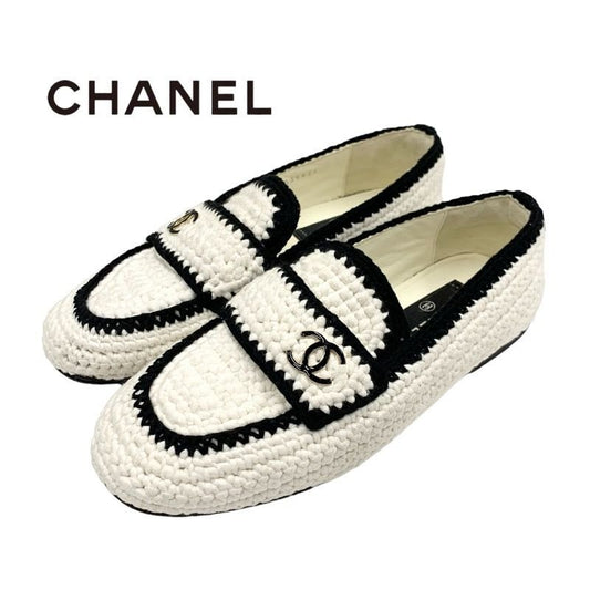 Chanel Flat Shoes Fabric White Black Coco Mark Braided