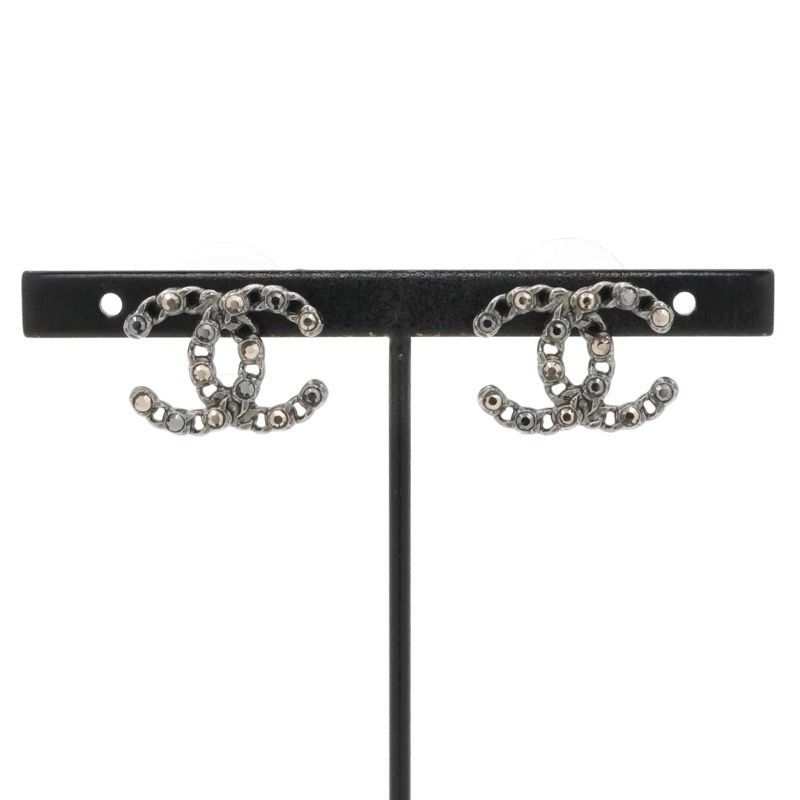 Chanel Earrings Earring Silver Black Coco Mark Rhinestone