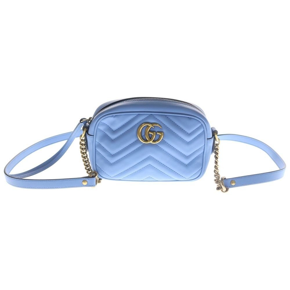 Gucci GG Marmont Quilted Mini Bag Chain Light Blue Leather Gold