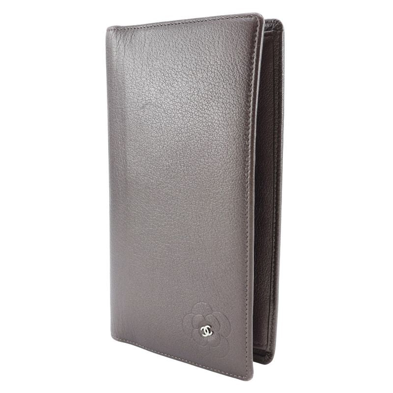 Chanel Camellia Coco Mark Leather Metallic Purple Women's Long Wallet