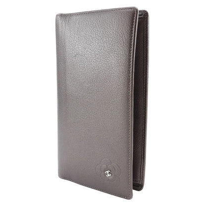 Chanel Camellia Coco Mark Leather Metallic Purple Women's Long Wallet