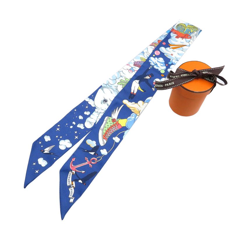 Hermes Twilly Sur Mon Nuage My Clouds Silk Marine Ciel Scarf 0085 Hermes