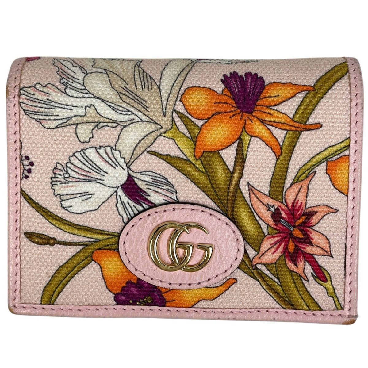 Gucci GG Marmont Flora Bifold Wallet Billfold Coin Purse Canvas Pink Multicolor