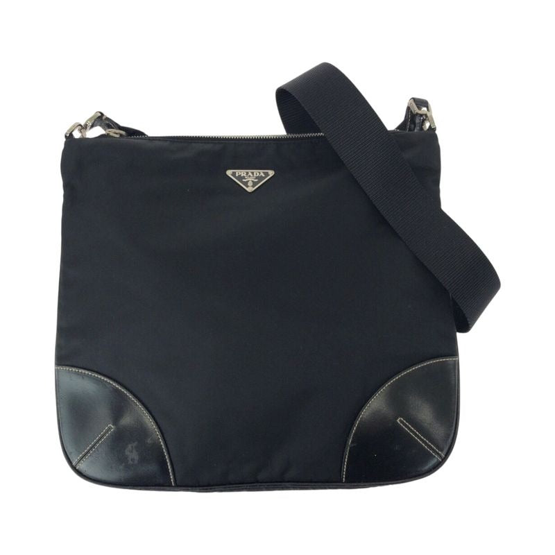Prada Triangle Logo Plate Black Silver Hardware Nylon Leather Shoulder Bag