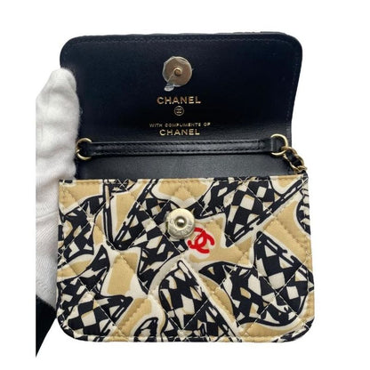 Chanel Mini Chain Shoulder Year End Gift Checkered Flag Black Beige Shoulder