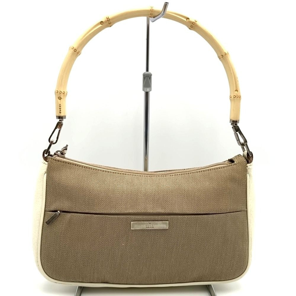 Gucci 001 Bamboo Handbag Pouch Canvas Leather Beige