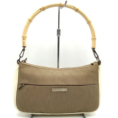 Gucci 001 Bamboo Handbag Pouch Canvas Leather Beige
